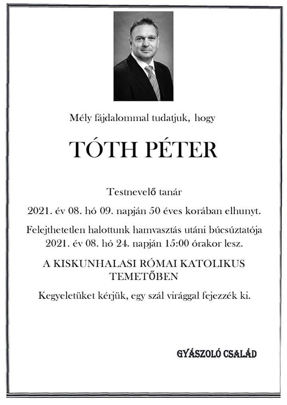 Tóth Péter gyászjelentése
